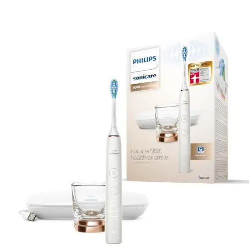 Produktbild: Philips Sonicare DiamondClean 9000 elektrische Zahnbürste, Schallzahnbürste mit App, Drucksensor, 4 Putzmodi, 3 Intensitätsstufen, Ladeglas und USB-Reiseetui, Roségold, Modell HX9911/94