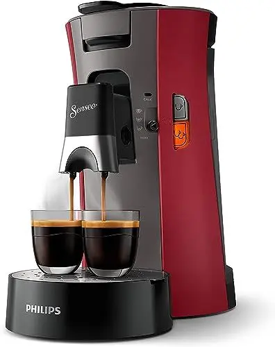 Produktbild: Philips Senseo Select Kaffeepadmaschine mit Kaffeestärkewahl und Memo-Funktion, aus recyceltem Plastik, Farbe: Dunkelrot (CSA240/90)