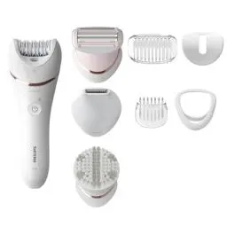 Produktbild: Philips Epilierer Series 8000, kabelloser Nass- und Trockenepilierer für Beine und Körper, Haarentfernungsgerät, mit 8 Zubehörteilen, Rasierer, Langhaarschneider und Körperpeeling-Gerät, (BRE735/00)