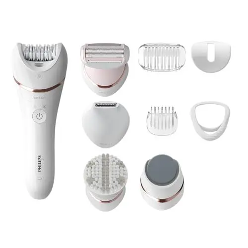 Produktbild: Philips Epilierer Series 8000, kabelloser Nass- und Trockenepilierer für Beine und Körper, mit 9 Zubehörteilen, Rasierer, Langhaarschneider, Pediküre und Körperpeeling-Gerät, Modell BRE740/10