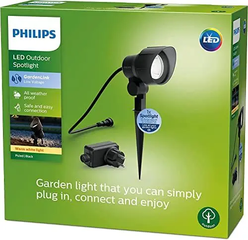 Produktbild: Philips Außenspot 1-er Starter Set (6 W), wetterfester Niedervolt Bodenspot mit Erdspieß und warmweißem Licht, energiesparende LED Beleuchtung, schwarz