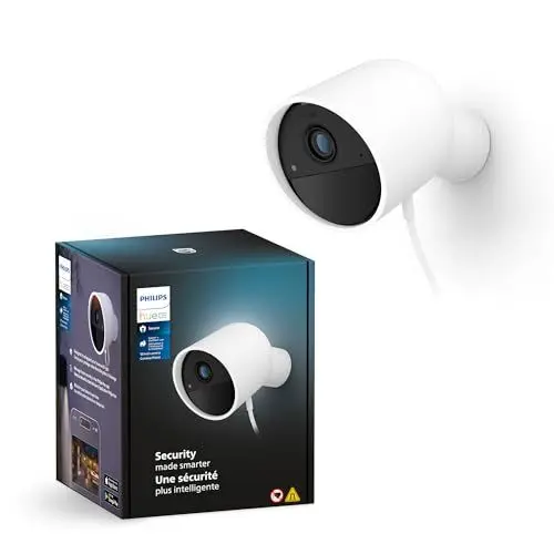 Produktbild: Philips Hue Secure kabelgebundene Smart Home Überwachungskamera mit Standfuß, Full HD Video, für drinnen oder draußen, Smart Home Security und Lichtsteuerung per App, weiß, 1er Pack