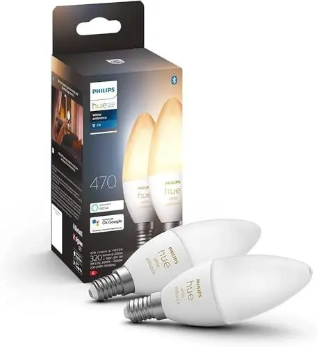 Produktbild: Philips Hue White Ambiance E14 LED Leuchten 2-er Pack (470 lm), dimmbare LED Lampen für das Hue Lichtsystem mit allen Weißtönen, smarte Lichtsteuerung über Sprache und App