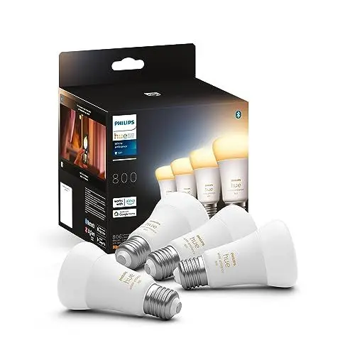Produktbild: Philips Hue White Ambiance E27 LED Leuchten 4-er Pack, 4x800, dimmbare LED Lampen für das Hue Lichtsystem mit 16 Mio. Farben, smarte Lichtsteuerung über Sprache und App