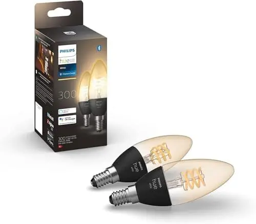 Produktbild: Philips Hue White E14 Kerze Doppelpack Filament 2x300lm, warmweißes Licht, dimmbar, steuerbar via App, kompatibel mit Amazon Alexa (Echo, Echo Dot)