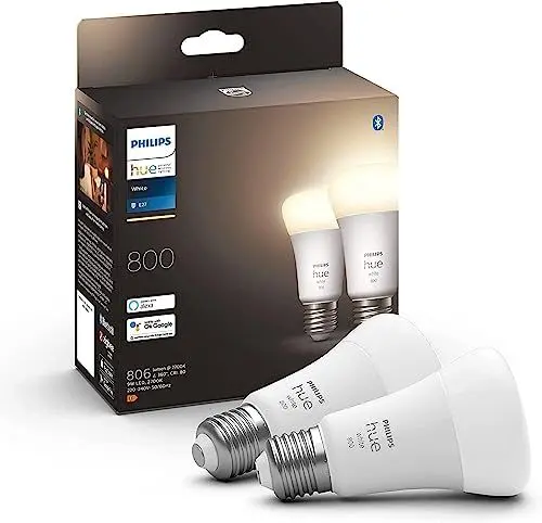 Produktbild: Philips Hue White E27 LED Lampen 2-er Pack (800 lm), dimmbare LED Leuchtmittel für das Hue Lichtsystem mit warmweißem Licht, smarte Lichtsteuerung über Sprache und App
