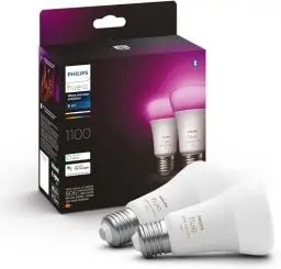 Produktbild: Philips Hue White & Color Ambiance E27 LED Lampen 2-er Pack (1100), TESTSIEGER Stiftung Warentest (01/2024), dimmbare LED Leuchtmittel mit 16 Mio. Farben, smarte Lichtsteuerung über Sprache und App