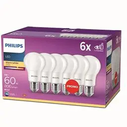 Produktbild: Philips LED Classic E27 Lampen 6-er Pack (60 W), matte LED Lampen mit warmweißem Licht, energiesparende Lampen mit langer Nutzlebensdauer, alte Generation