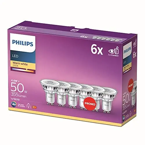 Produktbild: Philips LED Classic GU10 Lampen 6-er Pack (50 W), Reflektor LED Spots mit warmweißem Licht, energiesparende Lampen mit langer Nutzlebensdauer