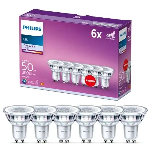 Produktbild: Philips LED Classic GU10 Lampen 6-er Pack (50 W), Reflektor LED Spots mit kaltweißem Licht, energiesparende Lampen mit langer Nutzlebensdauer