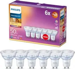 Produktbild: Philips LED Classic GU10 Lampen Warm Glow 6-er Pack (50 W), dimmbare Reflektor LED Spots mit warmweißem Licht, energiesparende Lampen mit langer Nutzlebensdauer
