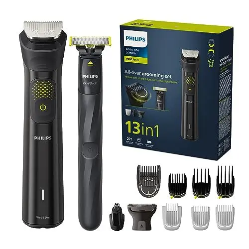 Produktbild: Philips Multigroom Series 9000, 13-in-One-Barttrimmer und Haarschneider inkl. OneBlade, für Gesicht, Kopf und Körper, 27 Längeneinstellungen (0.2-20 mm), schwarz (Modell MG9530/15)