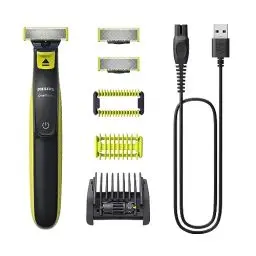 Produktbild: Philips OneBlade Face & Body – Elektrischer Bartschneider, Rasierer und Bodygroomer zum Trimmen, Stylen und Rasieren, 3x Original-Klingen, 1x 5-in-1 Trimmaufsatz, 2x Körperaufsätze, QP2824/30
