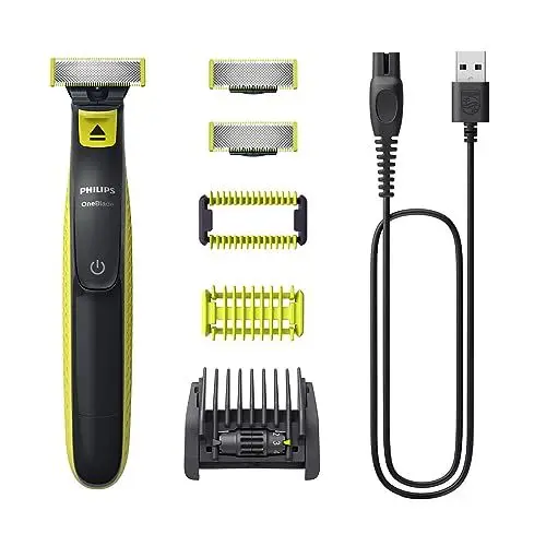 Produktbild: Philips OneBlade Face & Body – Elektrischer Bartschneider, Rasierer und Bodygroomer zum Trimmen, Stylen und Rasieren, 3x Original-Klingen, 1x 5-in-1 Trimmaufsatz, 2x Körperaufsätze, QP2824/30