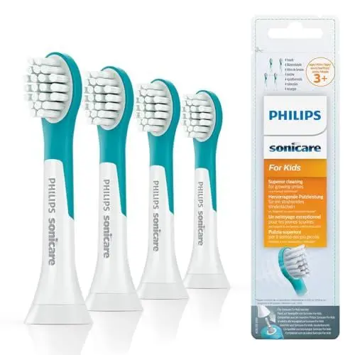 Produktbild: Philips Original Compact Bürstenköpfe für die Sonicare for Kids Schallzahnbürste (für Kinder ab 3 Jahren) – 4er-Packung, in Blau (Modell HX6034/33)