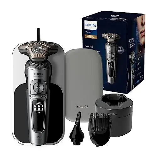 Produktbild: Philips Rasierer S9000 Prestige - Elektrischer Nass- und Trockenrasierer, glänzendes Chrom, Lift & Cut-Rasiersystem, SkinIQ-Technologie, Bartstyler, Reinigungsstation & Qi-Ladepad (Modell SP9885/35)