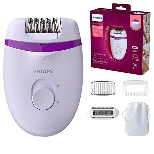 Produktbild: Philips Satinelle Essential Compact Epilierer BRE275/00 - Epilieren leicht gemacht, glatte Haut wochenlang, für Beine und empfindliche Breiche, mit Opti-Light, inkl. 4 Zubehörteile, lila