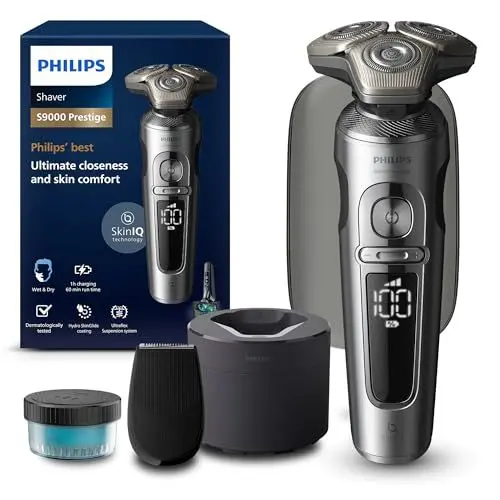 Produktbild: Philips Shaver S9000 Prestige, elektrischer Nass- und Trockenrasierer, helles Chrom, Lift & Cut-Rasiersystem, SkinIQ Technologie, Präzisionstrimmer, Reinigungsstation und Reiseetui, Modell SP9841/32