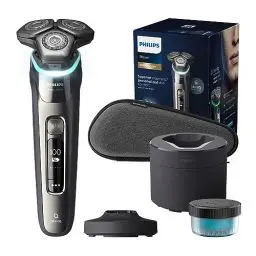 Produktbild: Philips Shaver S9000 – Elektrischer Nass-& Trockenrasierer für Männer, Dunkelchrom, Lift & Cut System, SkinIQ Technologie, Barttrimmer, Reinigungsstation, Ladestation & Reiseetui (Modell S9974/55)