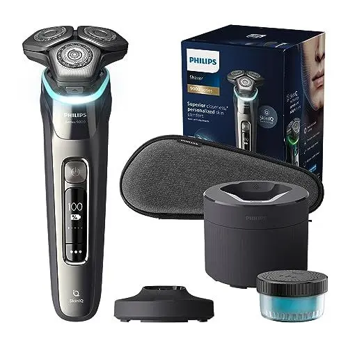 Produktbild: Philips Shaver S9000 – Elektrischer Nass-& Trockenrasierer für Männer, Dunkelchrom, Lift & Cut System, SkinIQ Technologie, Barttrimmer, Reinigungsstation, Ladestation & Reiseetui (Modell S9974/55)