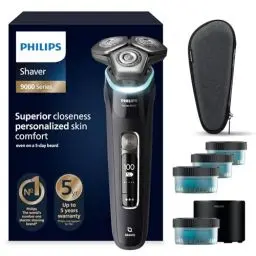 Produktbild: Philips Shaver S9000 – Elektrischer Nass-& Trockenrasierer für Männer, Schwarz, Lift & Cut System, SkinIQ Technologie, Barttrimmer, Reinigungsstation, Ladestation & Reiseetui(Modell S9976/63)