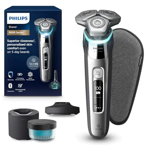 Produktbild: Philips Shaver S9000, elektrischer Nass- und Trockenrasierer, Lift & Cut-Rasiersystem und SkinIQ Technologie, ausklappbarem Trimmer, Reinigungsstation, Ladestation, Reiseetui, Chromsilber, S9975/54