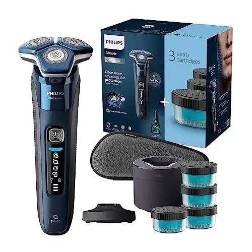 Produktbild: Philips Shaver Series 7000 – Elektrischer Nass- und Trockenrasierer für Herren mit ausklappbarem Trimmer, Reinigungsstation, 4 x Reinigungskartuschen, Ladestation & Reiseetui (Modell S7885/63)