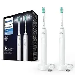 Produktbild: Philips Sonicare 3100 elektrische Zahnbürste, Schallzahnbürste, Andruckkontrolle und Timer, Weiß, Zweierpack, Modell HX3675/13