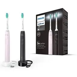 Produktbild: Philips Sonicare 3100 elektrische Zahnbürste, Schallzahnbürste, Andruckkontrolle und Timer, Sugar Rose und Schwarz, Zweierpack, Modell HX3675/15
