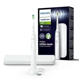 Produktbild: Philips Sonicare 4100 – Philips Sonicare Elektrische Zahnbürste für Erwachsene mit 1 x Philips W2 Optimal White Sonic Bürstenkopf in Weiß, schlankem Reiseetui und USB-Ladegerät (Modell HX3683/33)