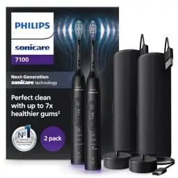 Produktbild: Philips Sonicare 7100 elektrische Zahnbürste, Schallzahnbürste mit App, 4 Putzmodi und 3 Intensitätsstufen, Andruckkontrolle, EasyStart, SmarTimer und BrushPacer, Schwarz, 2er-Pack, Modell HX7429/03