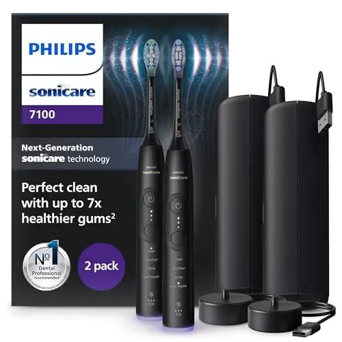 Produktbild: Philips Sonicare 7100 elektrische Zahnbürste, Schallzahnbürste mit App, 4 Putzmodi und 3 Intensitätsstufen, Andruckkontrolle, EasyStart, SmarTimer und BrushPacer, Schwarz, 2er-Pack, Modell HX7429/03