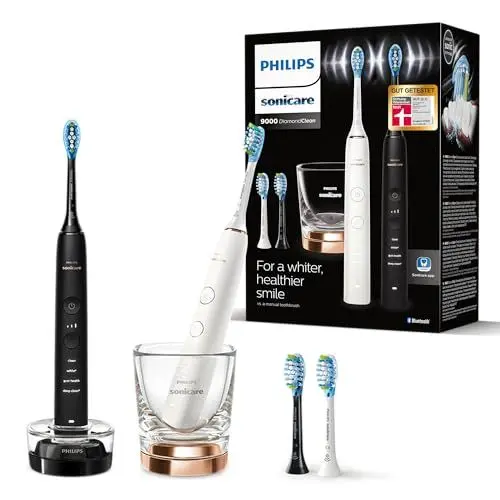 Produktbild: Philips Sonicare DiamondClean 9000 elektrische Zahnbürste, Doppelpack,Zahnbürste mit Schalltechnologie inklusive App, Drucksensor,4 Putzmodi,3 Intensitätsstufen, schwarz und roségold, Modell HX9914/61