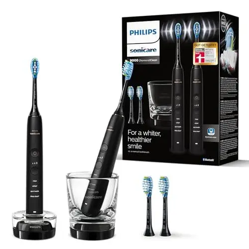 Produktbild: Philips Sonicare DiamondClean 9000 elektrische Zahnbürste, Doppelpack, Schallzahnbürste mit App, Drucksensor, 4 Putzmodi, 3 Intensitätsstufen, Ladeglas, schwarz, Modell HX9914/63