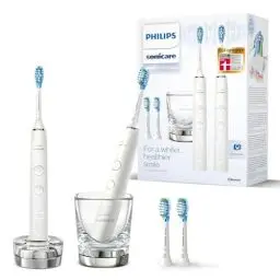 Produktbild: Philips Sonicare DiamondClean 9000 elektrische Zahnbürste, Doppelpack, Zahnbürste mit Schalltechnologie inklusive App, Drucksensor, 4 Putzmodi, 3 Intensitätsstufen, Ladeglas, weiß, Modell HX9914/62