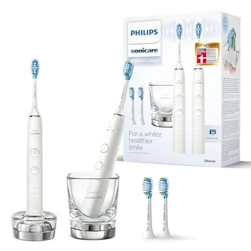 Produktbild: Philips Sonicare DiamondClean 9000 elektrische Zahnbürste, Doppelpack, Zahnbürste mit Schalltechnologie inklusive App, Drucksensor, 4 Putzmodi, 3 Intensitätsstufen, Ladeglas, weiß, Modell HX9914/62