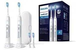 Produktbild: Philips Sonicare ExpertClean 7300 elektrische Zahnbürste, Schallzahnbürste mit App, 3 Putzmodi und 3 Intensitätsstufen, Drucksensor, Reiseetui, Silber-Weiß, 2er-Pack, Modell HX9611/19