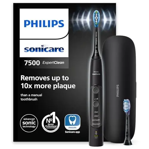 Produktbild: Philips Sonicare ExpertClean 7500 elektrische Zahnbürste, Schallzahnbürste mit App, 4 Putzmodi und 3 Intensitätsstufen, Drucksensor, Reiseetui, Schwarz, Model HX9631/16