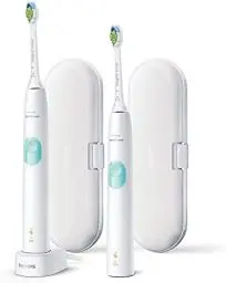 Produktbild: Philips Sonicare ProtectiveClean 4300 elektrische Zahnbürste, Schallzahnbürste mit zwei Intensitätsstufen, Drucksensor und Timer, Weiß, 2er-Pack, Modell HX6807/35