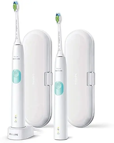 Produktbild: Philips Sonicare ProtectiveClean 4300 elektrische Zahnbürste, Schallzahnbürste mit zwei Intensitätsstufen, Drucksensor und Timer, Weiß, 2er-Pack, Modell HX6807/35