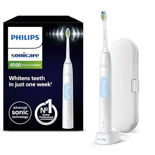 Produktbild: Philips Sonicare ProtectiveClean 4500 elektrische Zahnbürste, Schallzahnbürste mit 2 Putzmodi, Clean und White, Drucksensor, Timer und Reiseetui, Weiß, Modell HX6839/28