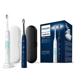 Produktbild: Philips Sonicare ProtectiveClean 5100 elektrische Zahnbürste, Schallzahnbürste mit 3 Putzmodi, Clean und White, Drucksensor, Timer und Reiseetui, Weiß und Blau, 2er-Pack, Modell HX6851/34