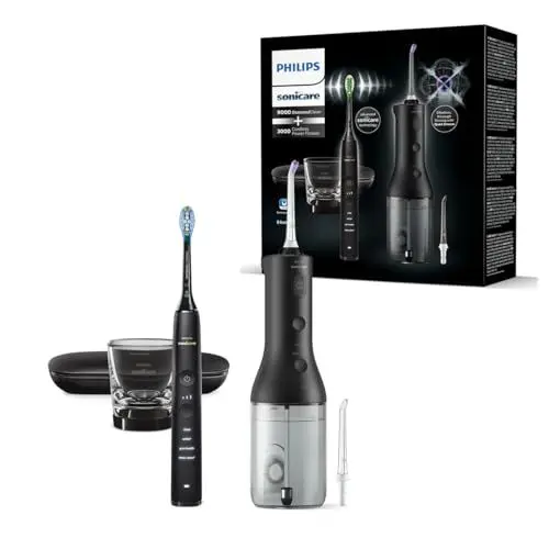 Produktbild: Philips Sonicare kabellose Power Flosser Munddusche und DiamondClean 9000 elektrische Zahnbürste – Saubere Zähne, sauberes Zahnfleisch und Plaque-Entfernung, schwarz (Modell HX3886/43)