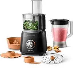 Produktbild: Philips Viva Collection Kompakte Küchenmaschine - 800 W, mit PowerChop-Technologie, 29 Funktionen, 2-in-1-Scheibe, Zitruspresse, Schwarz (HR7510/10)