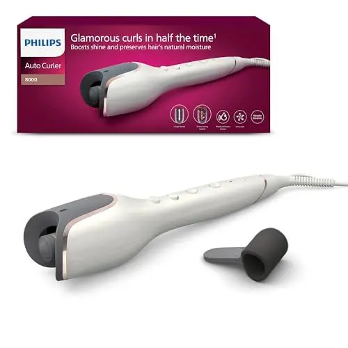 Produktbild: Philips automatischer Lockenstab 8000 Series, Lockenwickler/Curler mit MoistureProtect Technologie, 27 verschiedene Stylingoptionen, Weiß, Modell BHB878/00