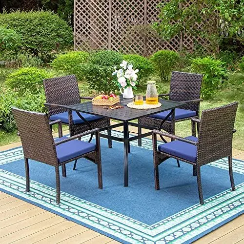 Produktbild: PHIVILLA 5 Stück Patio Esstisch Set für 4, 94cm Quadratischer Metalltisch für den Außenbereich mit Schirmloch & 4 Rattangeflechtstühle mit Kissen für Terrasse, Hof, Veranda