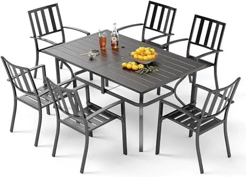 Produktbild: PHIVILLA 7-teiliges Gartenmöbel Set Gartentisch und Stühle Metall für 6 Personen Balkonmöbel Wetterfest, 152cmx96cm Rechteckiger Gartentisch mit 6 Gartenstühle für Balkon,Terrasse Deck,Hof