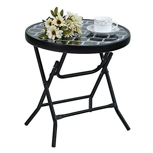 Produktbild: PHI VILLA Klappbar Runder Beistelltisch Glas aus Metall Gartentisch Kaffeetisch Klein Balkontisch wetterfest pflegeleicht für Balkon Garten Terrasse Wohnzimmer