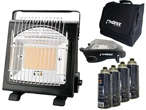 Produktbild: PHönix PH-100 Heizstrahler 1,7 KW Gasheizung Gasstrahler Keramik Camping Heizung Gaskocher + Tasche + 4 Gaskartuschen