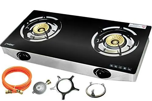 Produktbild: Phönix PS2 Gaskocher 2 flammig Propan 8 KW Glas Kochfeld Gasherd mit Zündsicherung inkl. Gasschlauch-Regler Set